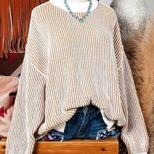 Cream and Tan Ribbed Knit Crew Neck Sweater